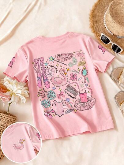 少女芭蕾元素蝴蝶结印花圆领T恤，春夏短袖上衣，面料柔软舒适