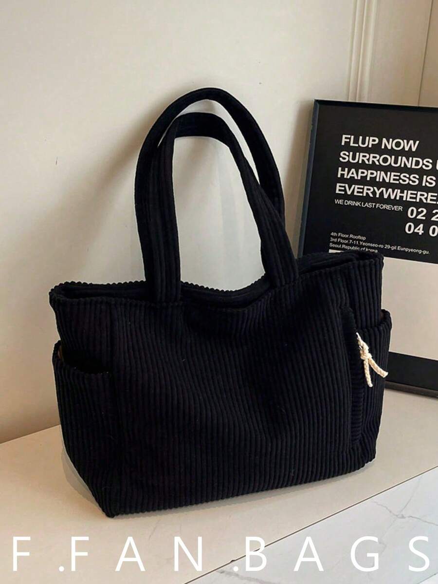 Large Capacity Solid Color Tote Bag, New Shoulder Bag, Backpack, College Bag, Beach Bag, Teacher Gift Shopping Bag, Back To School Tote Bag, Zipper Backpack, Teacher Bag, Large Tote Bag, Travel Essential - Black - View 1