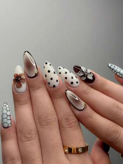 1pc Almond-Shaped 3D Brown Sugar Transparent Lily Polka Dot Retro Elegant Versatile Detachable Nail Tip, Suitable For Women's Daily, Work, And Dating Wear, 1pc Jelly Gel + 1pc Nail File