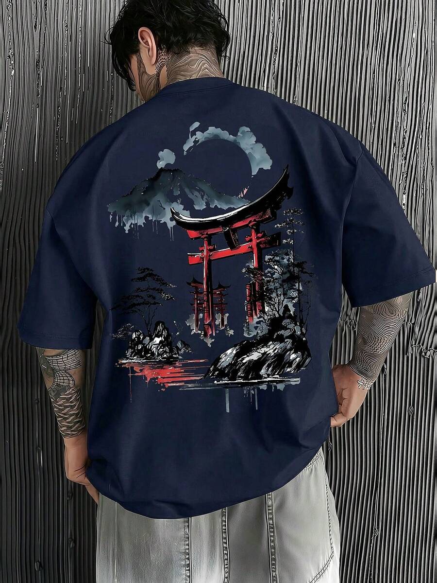 男士时尚印花宽松短袖T恤一件装 | 精致设计 | 夏季必备 | 易于搭配，展现您的风格 - 藏蓝色 - 查看 1