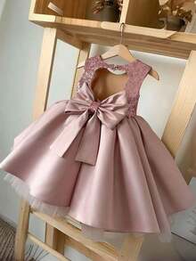 小女孩亮片蝴蝶结派对礼服公主裙，适合女孩生日派对、化装舞会、花童、婚礼、节日庆典、学校舞台表演、毕业典礼、感恩节、情人节等场合穿着。 - 粉色 - 查看 1