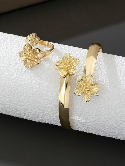 一套复古魅力度假风金色花朵造型手链和一枚戒指，女士首饰套装，约会/情侣礼物