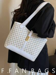 撞色滚边单肩手提包，休闲双提手设计，适合毕业生、少女、大学一年级、二年级、三年级和四年级学生，也适合户外活动、旅行和返校季。 - 白色 - 查看 1