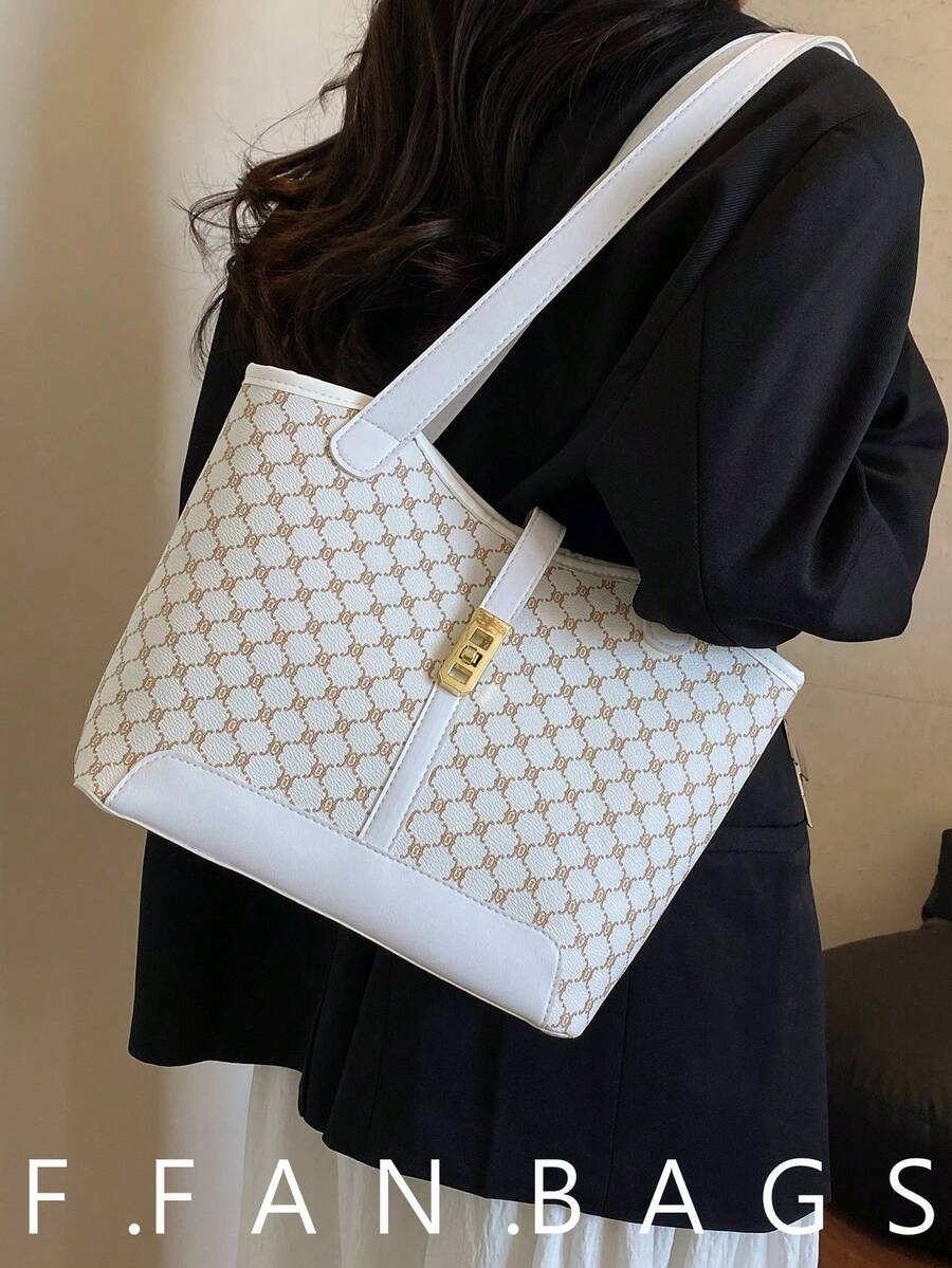 撞色滚边单肩手提包，休闲双提手设计，适合毕业生、少女、大学一年级、二年级、三年级和四年级学生，也适合户外活动、旅行和返校季。 - 白色 - 查看 1