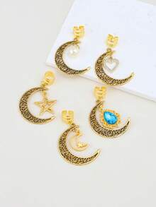 5pcs Moon, Star & Heart Shaped Hollow Pearl Inlaid Rhinestone Hair Clips, Fashionable Hair Accessories, Essential For Girls - Gold - View 4