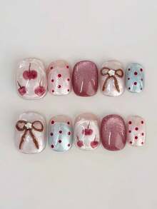 10pcs Sweet Fresh Ins Retro Daily Y2k Cute Handpainted Polka Dot Apple 3D Five-Pointed Star Crystal Bowknot Cat Eye Nail Stickers Nail Art Decals - Multicolor - View 1