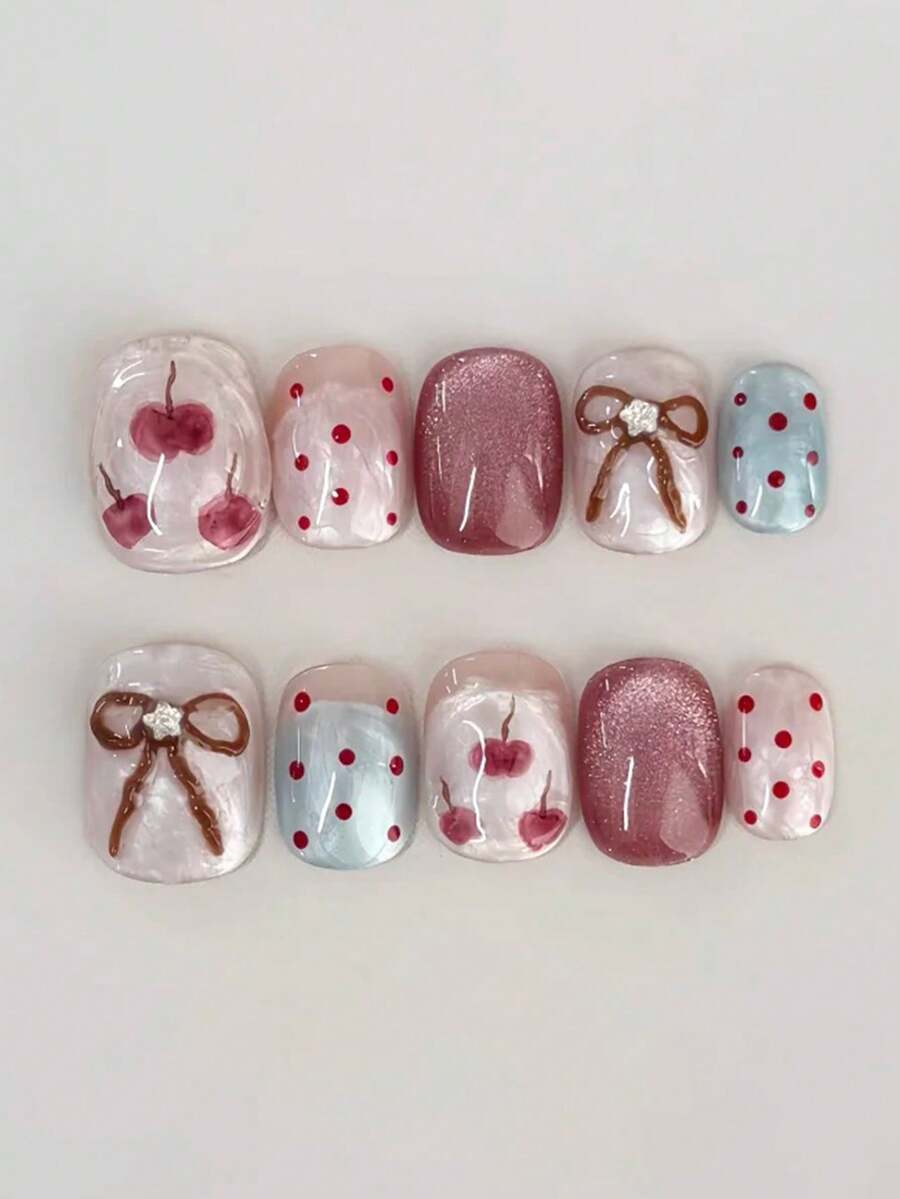 10pcs Sweet Fresh Ins Retro Daily Y2k Cute Handpainted Polka Dot Apple 3D Five-Pointed Star Crystal Bowknot Cat Eye Nail Stickers Nail Art Decals - Multicolor - View 1