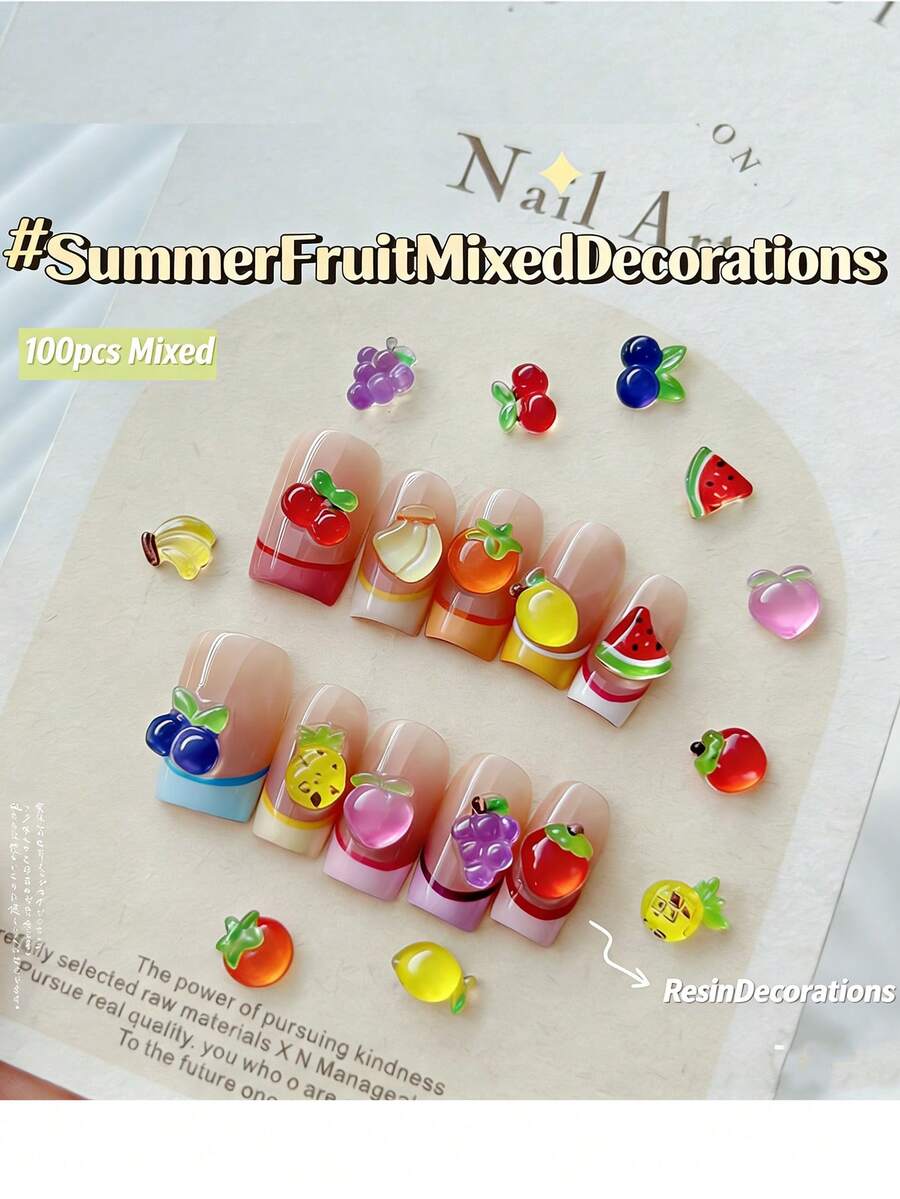 100pcs Spring & Summer Mini Fruit Shaped Nail Art Decorations, Korean & Japanese DIY Style, Including Cherry, Strawberry, Banana, Pineapple And More Assorted Shapes And Designs, Nail Supplies, Nail Jewelry, Nail Gems Included Nails