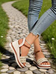 Women's Straw Platform Sandals - Gold Metal Strap Decor, Thick Sole Flattering Design, Summer Beach Vacation Shoes - Beige - View 8