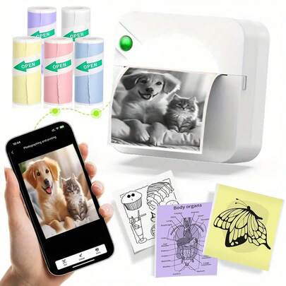 迷你打印机，便携式热敏贴纸制作器，附赠5卷纸，兼容iOS和安卓系统，适用于学习笔记、照片、DIY、日记等，高品质打印，满足工作、生活和学习需求，是节日礼物的理想之选。