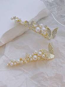 2个装女士春夏水钻3D蝴蝶发夹，珍珠侧边发夹 - 彩色 - 查看 9