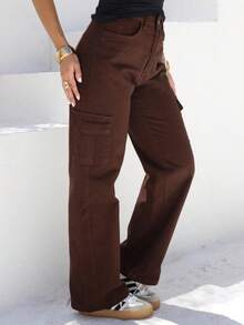 SAINT ELIAN Calça Cargo Wide Leg Pantalona Cintura Alta Tecido Grosso Linha Premium - CAFÉ - Visão 1