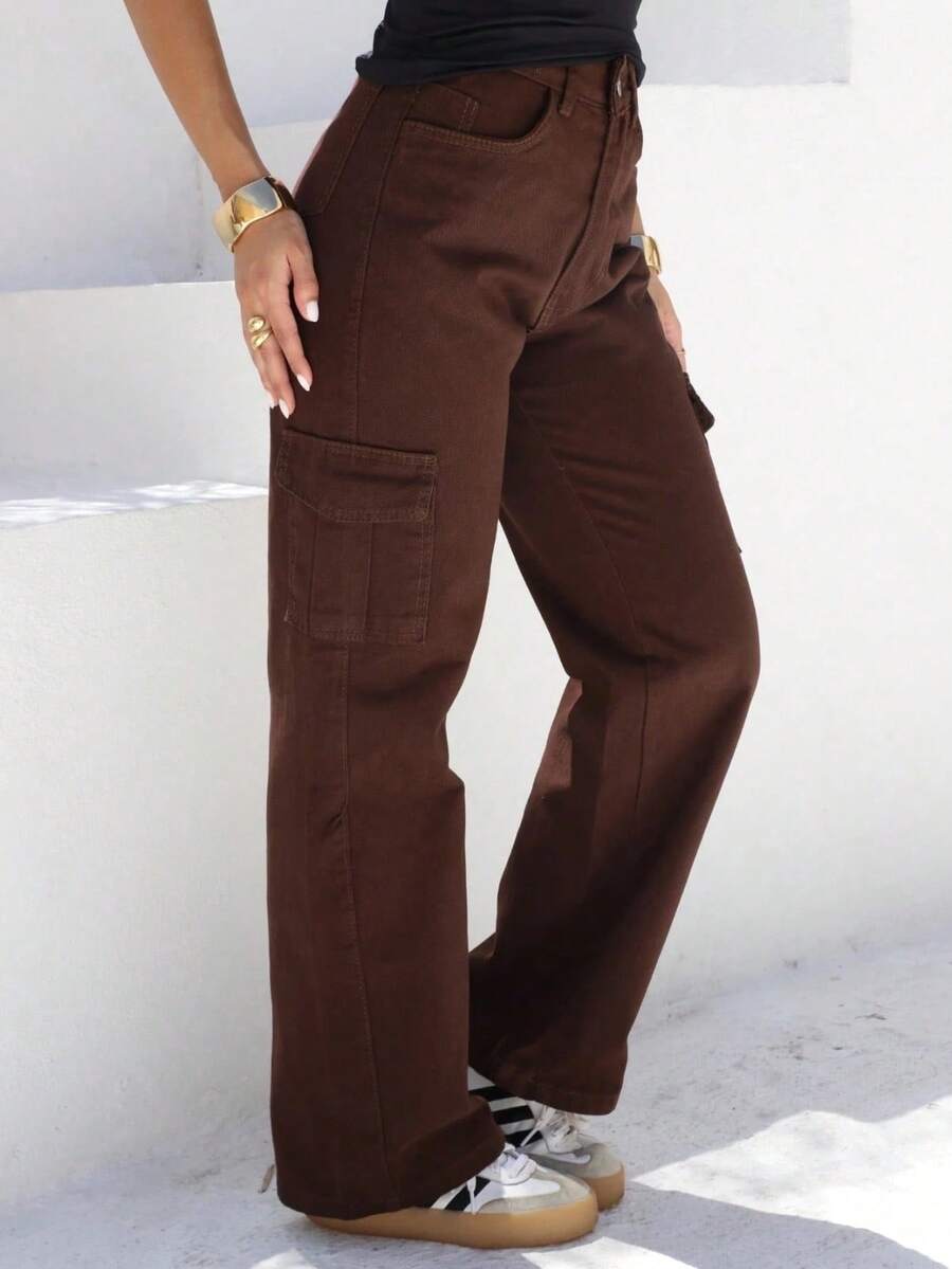 SAINT ELIAN Calça Cargo Wide Leg Pantalona Cintura Alta Tecido Grosso Linha Premium - CAFÉ - Visão 1