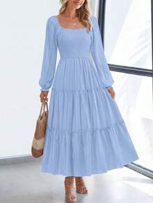PRETTYGARDEN Women Elegant  Maxi Dresses For Fall Boho Long Sleeve Smocked A Line Ruffle  Wedding Guest Holiday Party Long Dress With Pockets New Years Valentine Vacation Spring Dresses For Women Vestidos Elegantes De Mujer - 淺藍色 - 查看 1