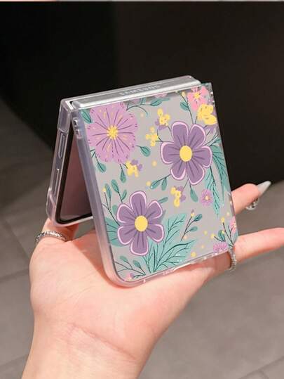 1 pieza Funda plegable para teléfono de material de PC con efecto escarcha, con elemento decorativo de flor, que protege y previene caídas: Galaxy Z Flip 3/Z Flip 4/Z Flip 5/Z Flip 6/Z /Find N3 Flip/Razr 50 Ultra/Razr 60 Ultra/Razr 50/ MIX Flip/Galaxy Z Flip7 FE