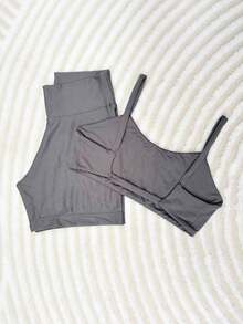 Two-Piece Set, Fitness Shorts And Top With Open Back And Opening For Padding. - Dark Gray - View 3