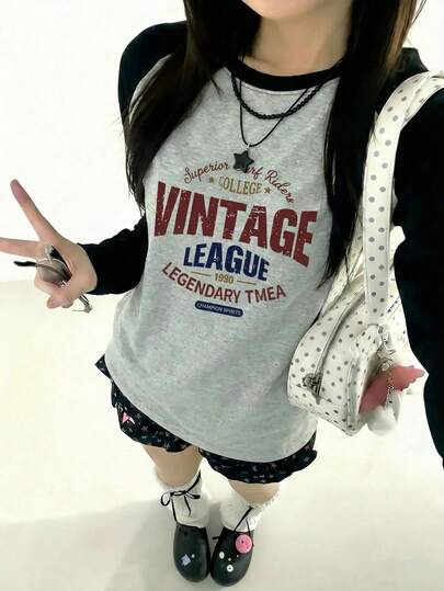 女士复古字母印花撞色插肩袖上衣，Y2K美学宽松长袖T恤，复古学院风印花朋克风T恤，休闲学院风套头T恤