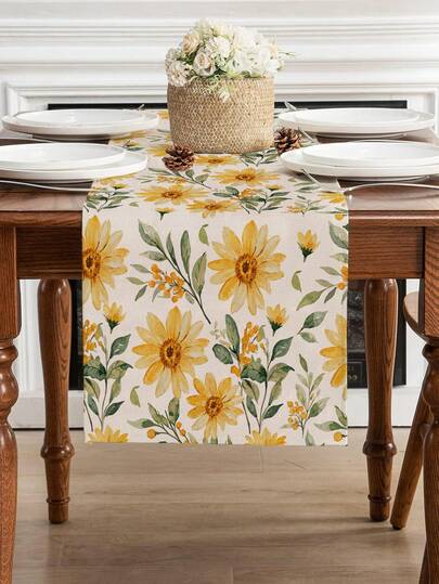 1 Pc Spring Summer Watercolor Floral Table Runner Sunflowers Daisies Farmhouse Kitchen Home Dining Table Decoration Tablecloth
