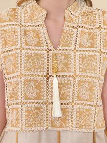 2026 New Style Ramadan Traditional Elegant Embroidered Arabic Women's Dress, Jalabia Design With Golden Tassel V-Neck Patchwork Blouse, Fashion & Graceful - Beige - View 12