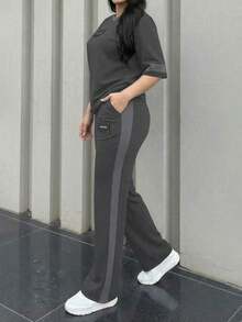 2pcs Women's Spring/Autumn Round Neck Short Sleeve T-Shirt And Elastic Waist Loose Pants Set, Casual Daily Wear Summer - Dark Gray 23 - View 5