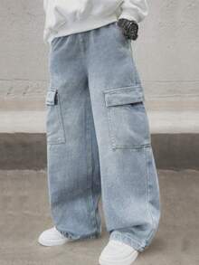 男童新款时尚浅蓝色直筒宽松休闲工装牛仔裤，百搭阔腿牛仔裤，适合大龄儿童 - 藍色 - 查看 5