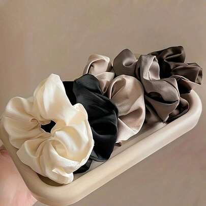 5-Piece Retro Artistic Coffee-Toned Hair Ties Set - Women's Satin Style Hair Cords With Leather Trimmed Accessories