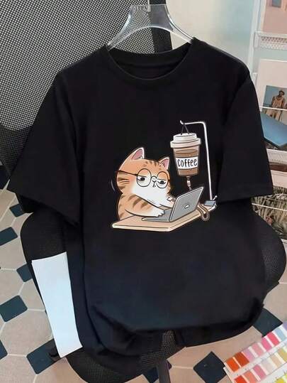 加大码女式夏季休闲猫咪图案短袖T恤，适合夏季度假、情人节、母亲节礼物，黑色