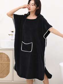 1pc Women's Soft Absorbent Hooded Sleeveless Solid Color Minimalist Oversized Bath Robe, Wearable Poncho For Bathing, Surfing, Beach, Outdoor Activities - Black - View 6