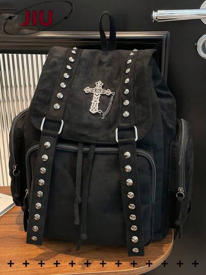 Y2K Streetwear Studded Flap Backpack For Women; Multifunctional Fashion Drawstring Shoulder Bag; Multi-Pocket Lightweight Travel Bag; Large Capacity Minimalist Student Backpack; Portable Backpack Suitable For Students, Nurses, Teachers, Business People, Travel, Commuting, Shopping, Office, Dating, Hiking, Training, Work, Birthday Gift, Holiday Gift