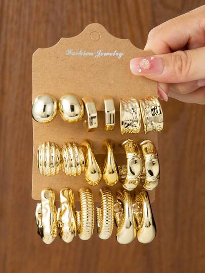 6/18pcs Vintage Elegant CCB Hoop Earrings, Creative Asymmetrical C-Shaped Design, Personalized Earrings For Women Daily, Party, Date And Holiday Wear, Exquisite Holiday Gift