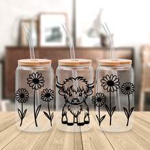 4张奶牛与花朵UV DTF转印贴纸，适用于16盎司Libbey玻璃杯（9.4x4.3英寸），可爱纯黑色奶牛与花朵防水贴纸，无需加热 - 牛花 - 查看 6