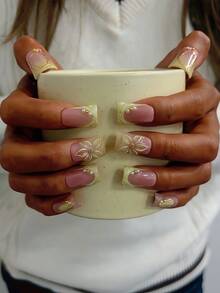 10 Stücke Y2K Nägel Schicke Entenschnabel Aufklebe-Nägel Set - handgefertigt, rosa Nägel, grüne Nägel, grün und rosa Farbverlauf Französische Spitzen Nägel, handgemachte 3D Blumen, 3D grüne Blumen Nagelkunst, handgezeichnetes Goldmuster und funkelndes Nageldesign, weiße Perle und kleine goldene Stahlkugel Akzente, zarte anmutige handgemachte Aufklebe-Nägel - Verschiedenfarbig - Übersicht 4