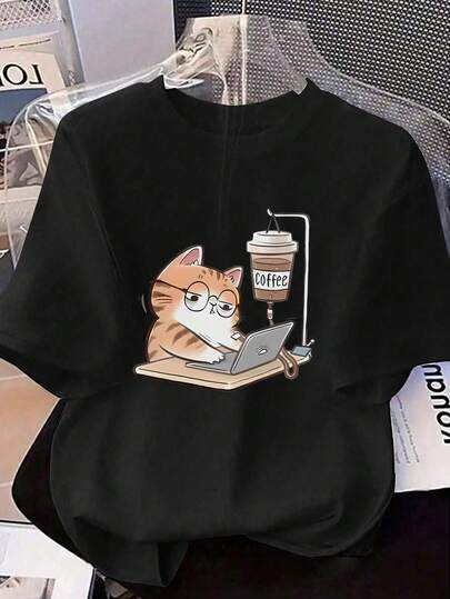 Funny Cat T-Shirt, Plus Size Women's Casual Summer Fashionable Short Sleeves. For Summer Holiday,Valentine's Day, Mother's Day Gift Black