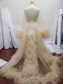 Sexy Women's Bridal Long Mesh Ruffle Tie Maternity Dress Deep V Trailing Long Sleeve Bridal Cape - Khaki - View 3