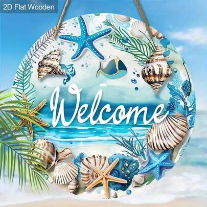 2D Flat - All-In-One 2D Flat Summer Welcome Sign, Designed With Blue Ocean, Seashells And Starfish, Perfect For Hanging On Your Porch Or As Decor For Your Home Or Garden, No Electricity Required