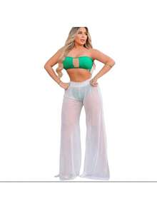 Calça De Tulle Com Cos Moda Praia Verão Saída de Praia Piscina Ano novo Natal Moda Feminina  Gringa - Branco - Visão 1