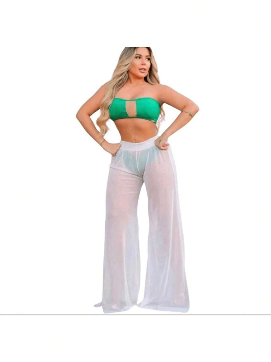Calça De Tulle Com Cos Moda Praia Verão Saída de Praia Piscina Ano novo Natal Moda Feminina  Gringa - Branco - Visão 1