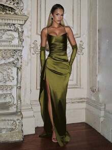 Satin Strapless Off Shoulder Ruffle Trim Waist Dress For Party Prom Wedding Bridesmaid-Elegant Sexy Satin Strapless Off Shoulder Frill Trim Waist Party Dress, Bridesmaid Dress, Formal Gown.Elegant Sexy Satin Off Shoulder Frill Party Dress, Formal Prom Bridesmaid Evening Gown - 橄欖綠 - 查看 12