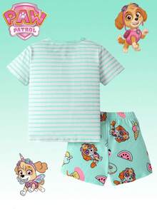 Paw Patrol Bộ đồ  2 món cho bé gái, gồm áo thun ngắn tay cổ tròn màu xanh sọc in hình chú chó hoạt hình và quần short, đồ ngủ mặc nhà cho trẻ em, thích hợp cho mặc hàng ngày, đi chơi, nghỉ lễ, làm quà tặng. - Màu xanh nhạt - Xem 2