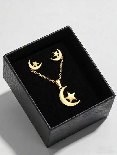 Juego de 3 piezas de collar y aretes de acero inoxidable de moda para mujer, collar con colgante de luna y estrella, aretes de botón de luna y estrella, juego de joyas elegante y versátil apto para uso diario y festivales