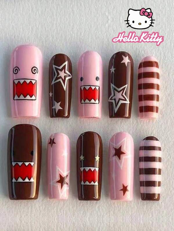 SANRIO 24pcs Long Square 3d Gel French Press On Nails With Cute DoMo ,Lines And Star Decoration,Pink Girl Style,Perfect Fit Acrylic False Nails Set, Including 1 Jelly Gule And 1 Nail File, Cute Nails For Women & Girls Daily Life, Party And Gathering Use