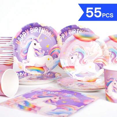 彩虹独角兽生日快乐一次性餐盘、餐巾纸、纸杯，派对用品套装，适合10位客人，一次性纸盘，派对餐具，适用于生日、婚礼、主题派对、家庭野餐