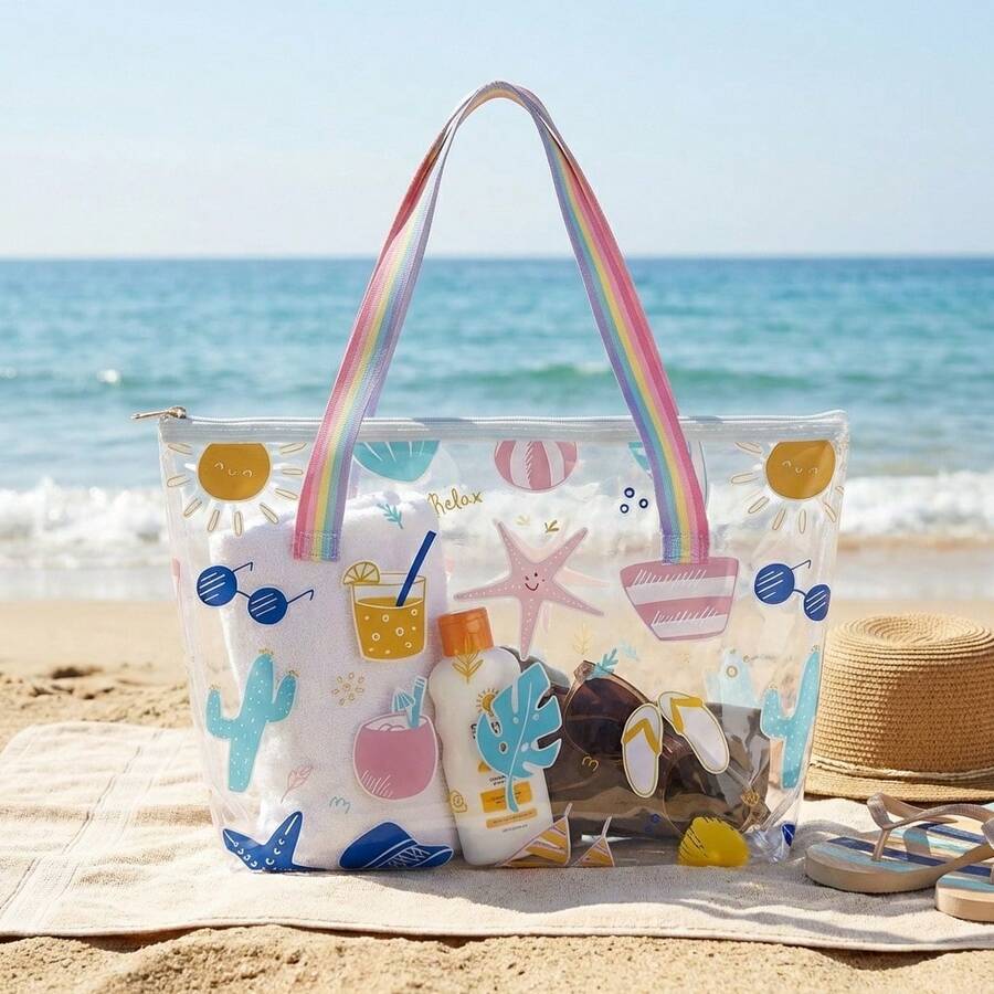 Large Transparent PVC Beach Bag With Summer Print 50x33x11.5cm Women's Shoulder Bag With Rainbow Fabric Handle And Zipper Closure Super Capacity For Holidays, Pool And Travel Water-Resistant Handbag To Store Towels, Sunscreen And Accessories With Style And Practicality For The Modern Woman - 查看 1