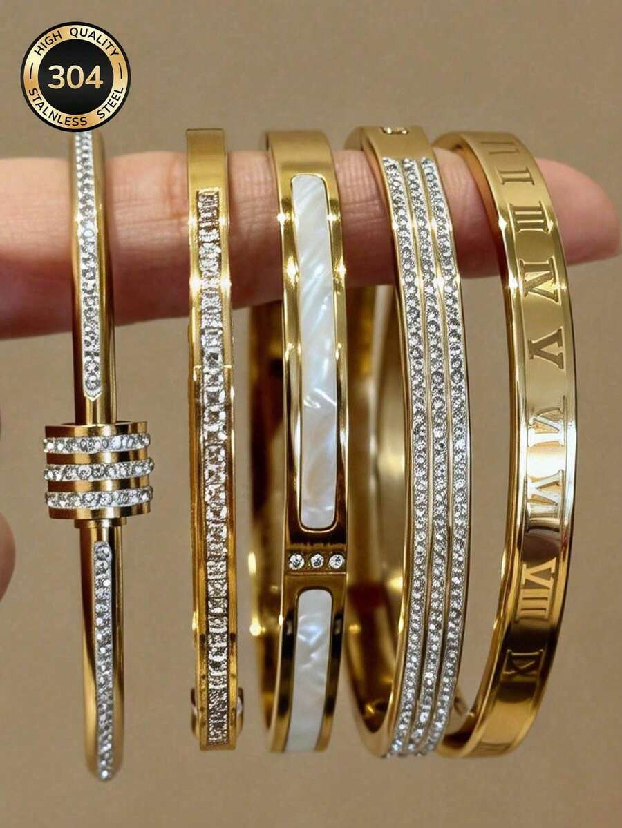 5pcs/Set Minimalist Elegant Luxury Sparkling Star Bangle Bracelets, High-End Titanium Steel Bracelets For Women