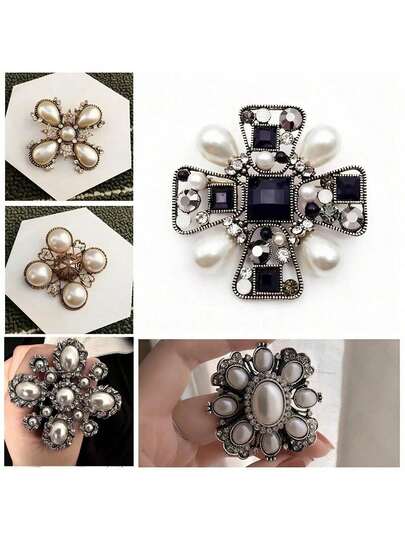 巴洛克复古奶油色仿珍珠和水晶水钻胸针，适用于舞会、派对、珠宝配饰、包包挂饰、办公用品、圣诞礼物等多种场合。