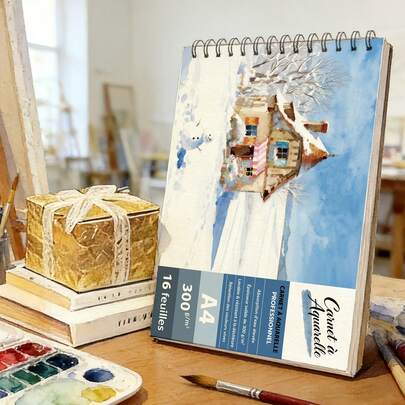 16 قطعة دفتر رسم وألوان مائية بغلاف حلزوني A4 و A5 | ورق ثقيل 300 جرام/م2 خالي من الحمض، بتصاميم كوخ الشتاء والرجل الثلجي، دفاتر فنية فارغة مناسبة للألوان المائية والرسم والتلوين