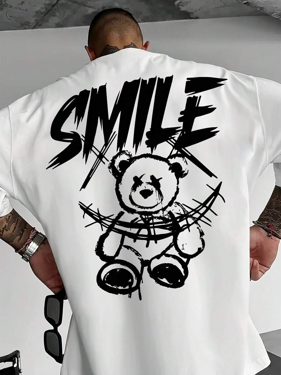 男士圆领短袖字母印花休闲T恤 - 白色 - 查看 1