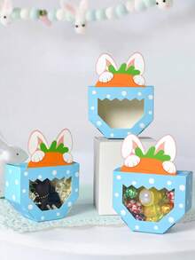 10pcs/1pc Creative Rabbit Peeking Carrot Transparent Window Gift Box, 3D Rabbit Ear Design Atmosphere, Transparent Window For Easy Display, Thick White Cardboard Material, Birthday Party Favors, Mini Size Compact And Exquisite, Suitable For Chocolates, Candies, Small Toys, Jewelry, Bath Bombs, Baked Goods Packaging, Multi-Scenario Gift Box - Rabbit Ears With Blue Polka Dots - View 9