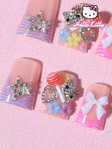 Sanrio Hello Kitty Y2K 24片中號鴨子造型豹紋與粉色法式美甲貼片，附可愛3D Hello Kitty、粉色蝴蝶結、愛心、鑽石星星、棒棒糖、水鑽與花朵設計，完美貼合假指甲套組，適合女孩日常與派對使用 - 彩色 - 查看 4