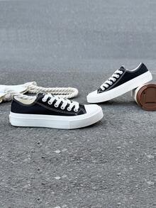 黑色帆布鞋，女鞋，运动鞋，男鞋，帆布鞋，春秋季款式，韩版简约时尚休闲系带运动鞋，经典低帮帆布鞋，百搭休闲滑板鞋 - 黑色 - 查看 6